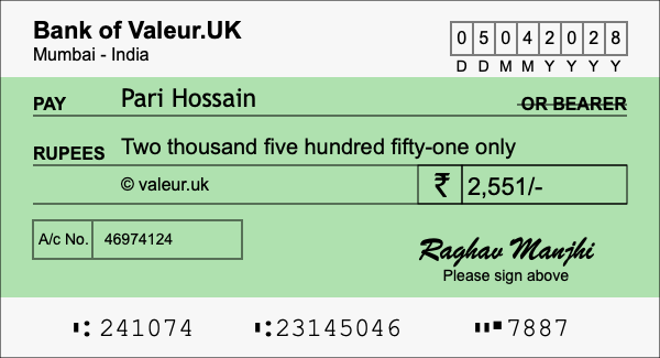 How to write a cheque for 2,551 rupees