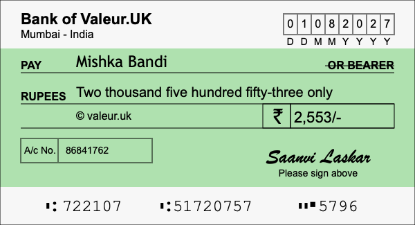 How to write a cheque for 2,553 rupees