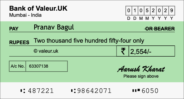 How to write a cheque for 2,554 rupees