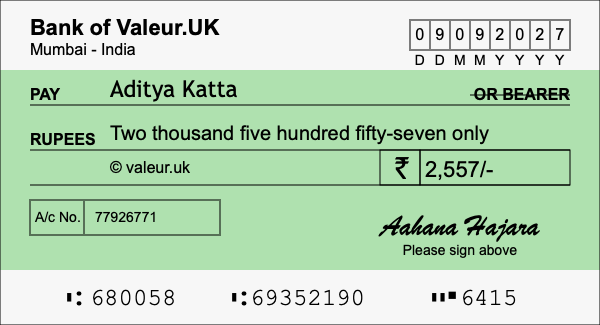 How to write a cheque for 2,557 rupees