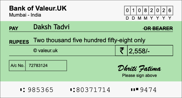 How to write a cheque for 2,558 rupees