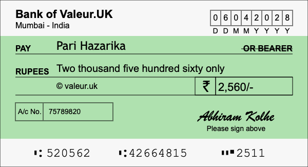 How to write a cheque for 2,560 rupees