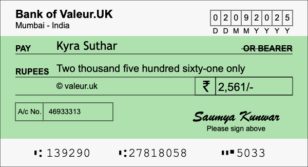 How to write a cheque for 2,561 rupees