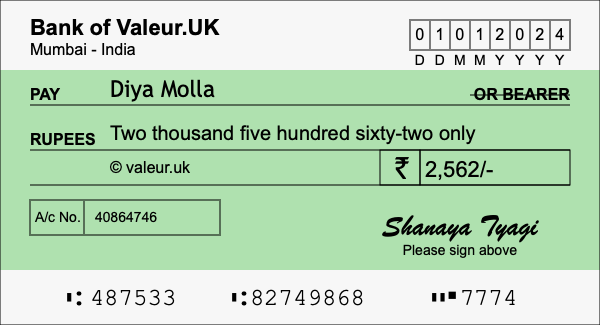 How to write a cheque for 2,562 rupees