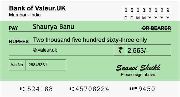 How to write a cheque for 2,563 rupees