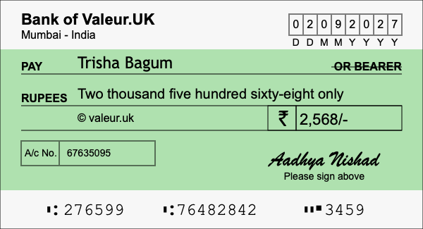 How to write a cheque for 2,568 rupees