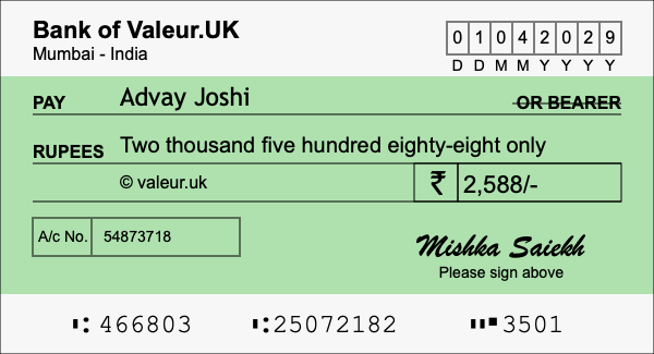 How to write a cheque for 2,588 rupees How to write a cheque for 2,588 rupees