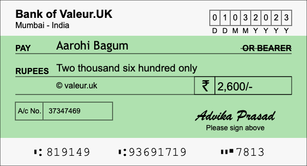 How to write a cheque for 2,600 rupees How to write a cheque for 2,600 rupees