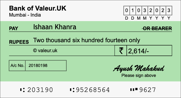 How to write a cheque for 2,614 rupees How to write a cheque for 2,614 rupees