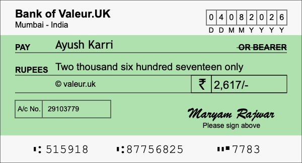 How to write a cheque for 2,617 rupees