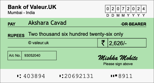How to write a cheque for 2,626 rupees How to write a cheque for 2,626 rupees