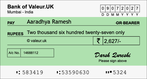 How to write a cheque for 2,627 rupees How to write a cheque for 2,627 rupees