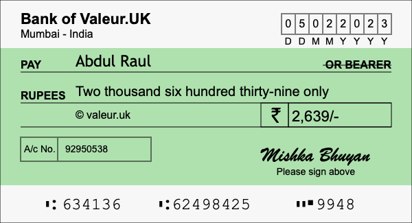 How to write a cheque for 2,639 rupees How to write a cheque for 2,639 rupees