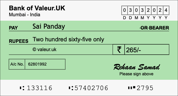 How to write a cheque for 265 rupees