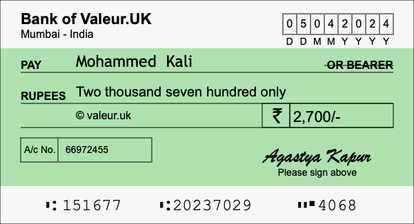 How to write a cheque for 2,700 rupees