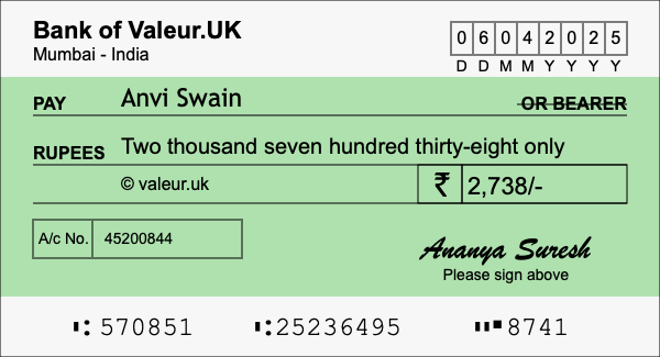 How to write a cheque for 2,738 rupees