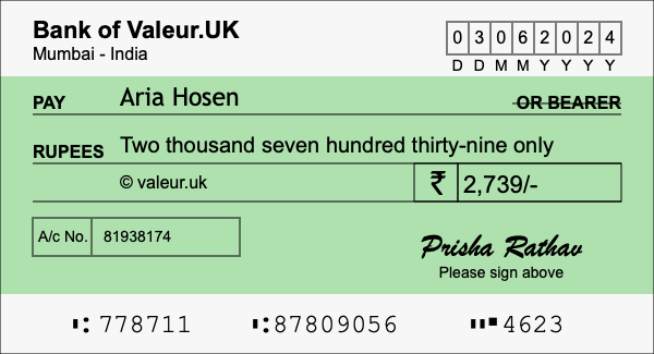 How to write a cheque for 2,739 rupees