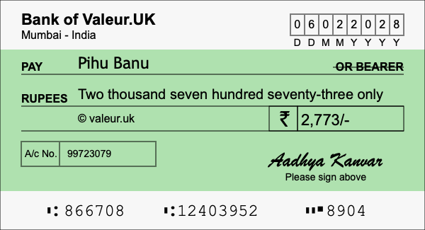 How to write a cheque for 2,773 rupees
