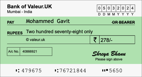 How to write a cheque for 278 rupees How to write a cheque for 278 rupees