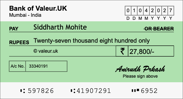 How to write a cheque for 27,800 rupees How to write a cheque for 27,800 rupees
