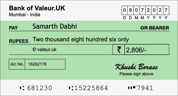 How to write a cheque for 2,806 rupees How to write a cheque for 2,806 rupees