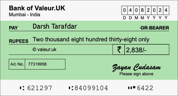 How to write a cheque for 2,838 rupees