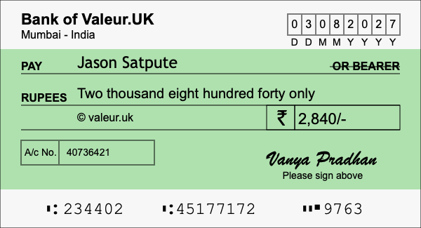 How to write a cheque for 2,840 rupees