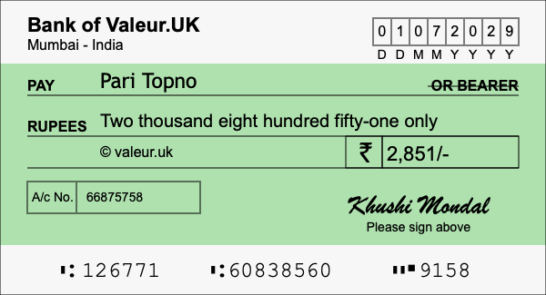 How to write a cheque for 2,851 rupees