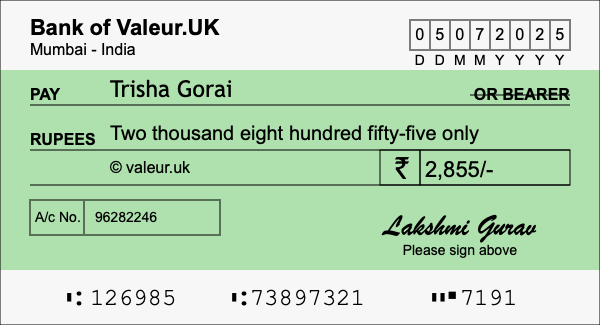 How to write a cheque for 2,855 rupees