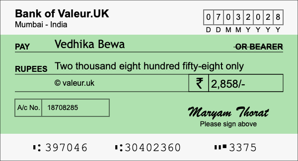 How to write a cheque for 2,858 rupees