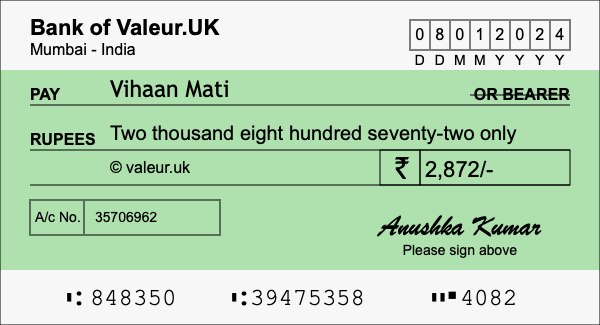 How to write a cheque for 2,872 rupees