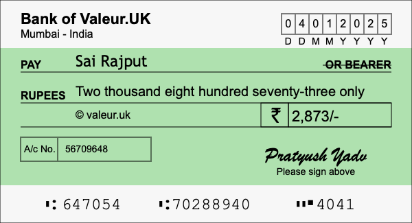 How to write a cheque for 2,873 rupees