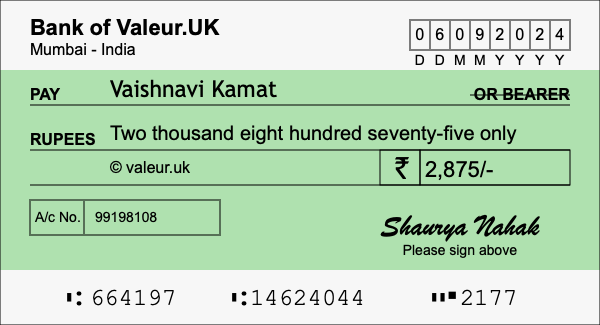 How to write a cheque for 2,875 rupees