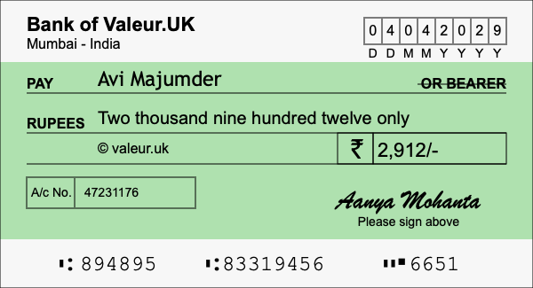 How to write a cheque for 2,912 rupees