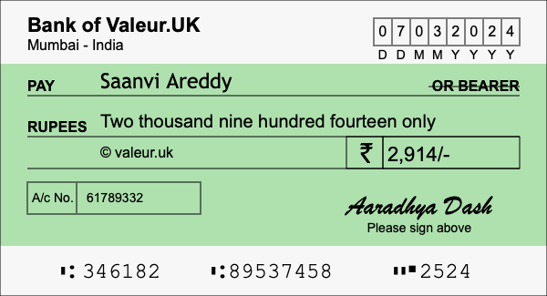 How to write a cheque for 2,914 rupees