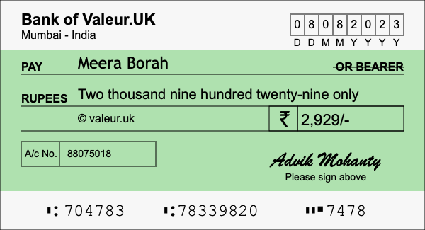 How to write a cheque for 2,929 rupees