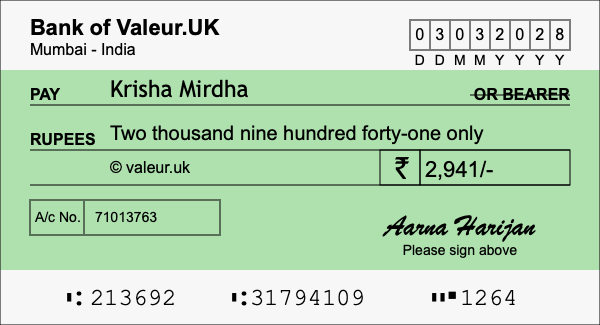 How to write a cheque for 2,941 rupees