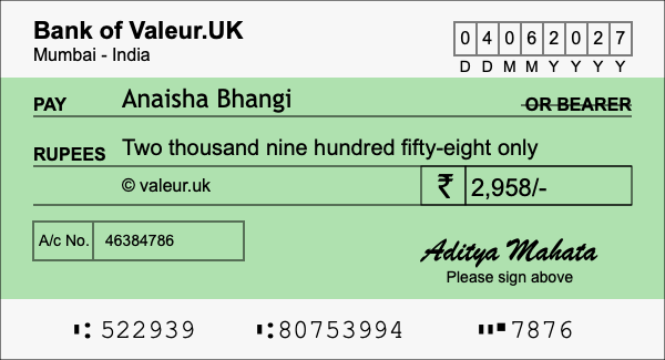 How to write a cheque for 2,958 rupees