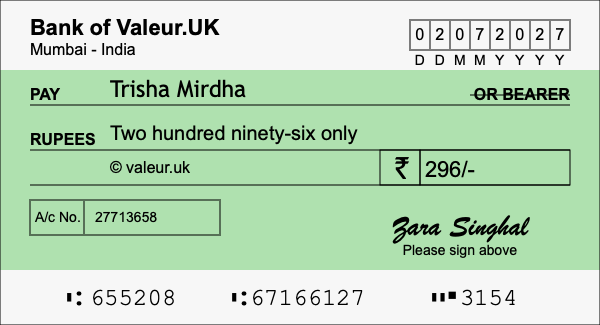 How to write a cheque for 296 rupees