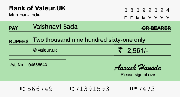 How to write a cheque for 2,961 rupees