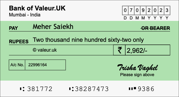 How to write a cheque for 2,962 rupees