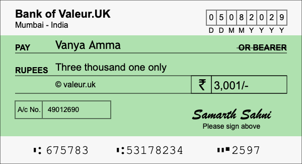 How to write a cheque for 3,001 rupees