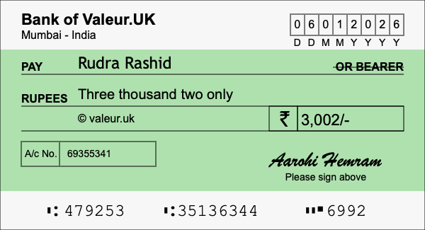 How to write a cheque for 3,002 rupees