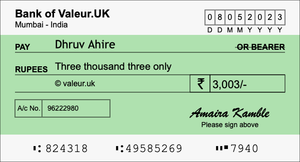 How to write a cheque for 3,003 rupees