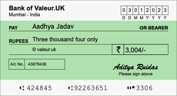 How to write a cheque for 3,004 rupees