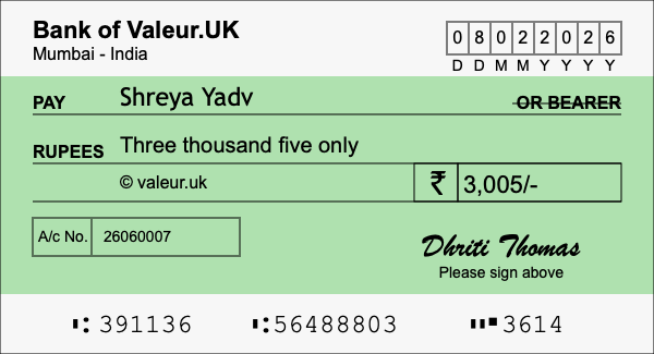 How to write a cheque for 3,005 rupees