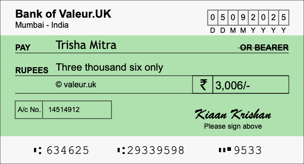 How to write a cheque for 3,006 rupees