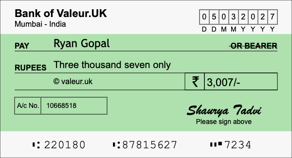 How to write a cheque for 3,007 rupees