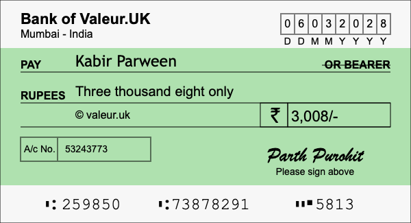 How to write a cheque for 3,008 rupees