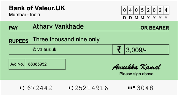 How to write a cheque for 3,009 rupees